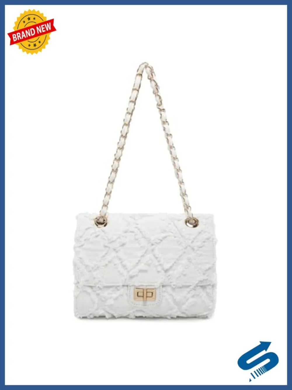 Women's Distressed Denim Quilted Satchel Handbag with Chain Strap
